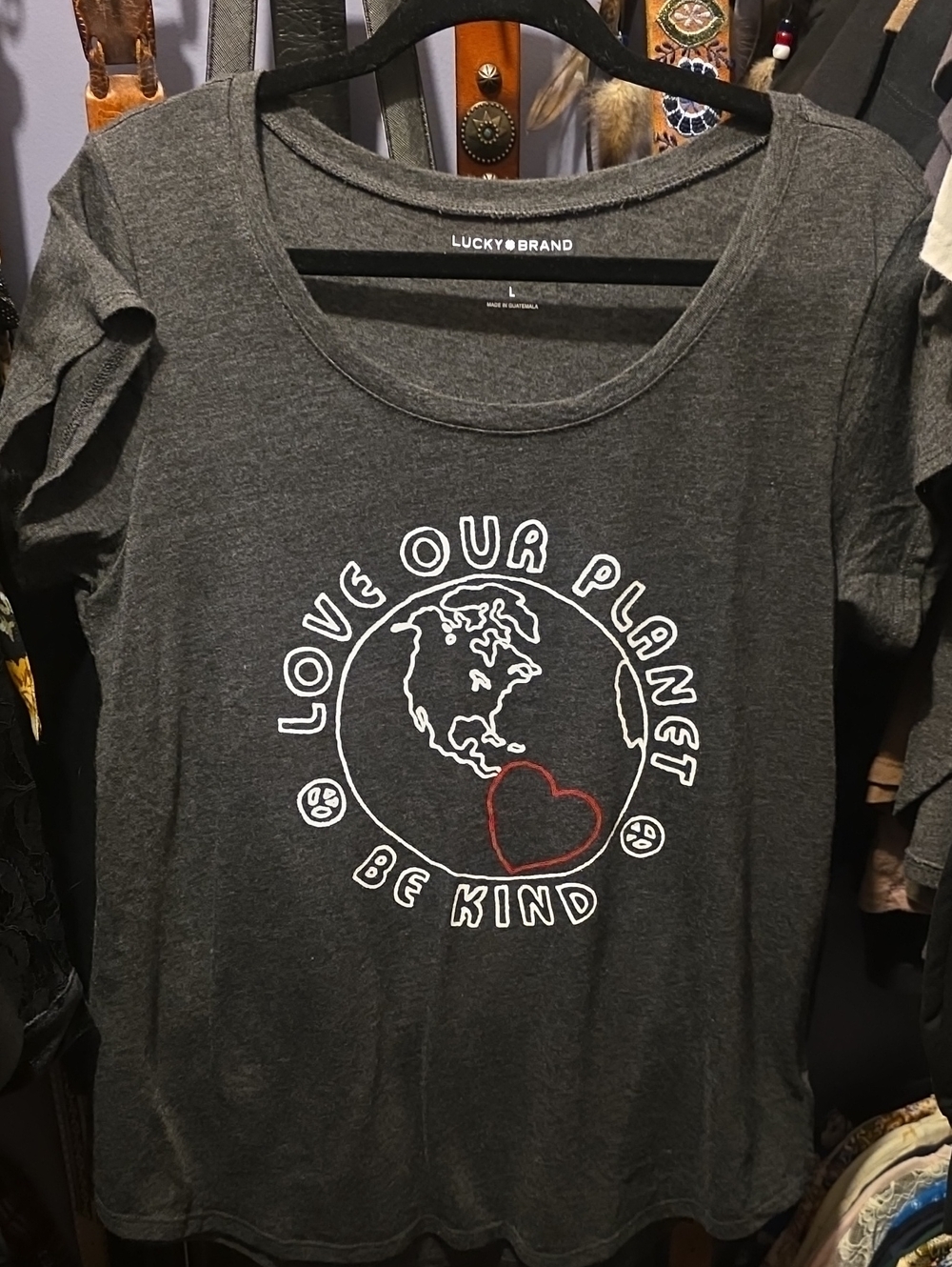 Lucky Brand Charcoal Gray Tee with White Globe and Red Heart Graphic